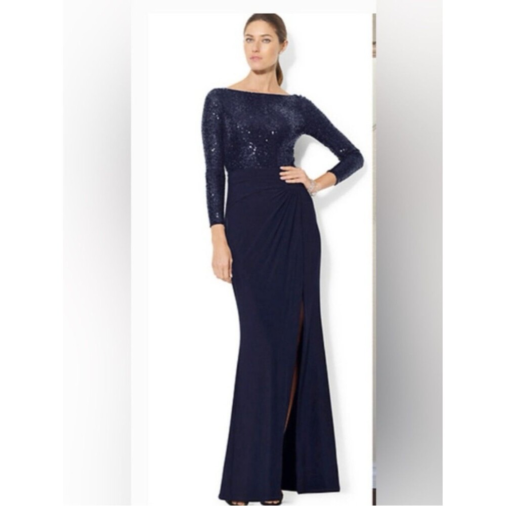 Lauren Ralph Lauren Navy Sequin Bodice Evening Gown Dress Quiet Luxury Sz 12 NEW